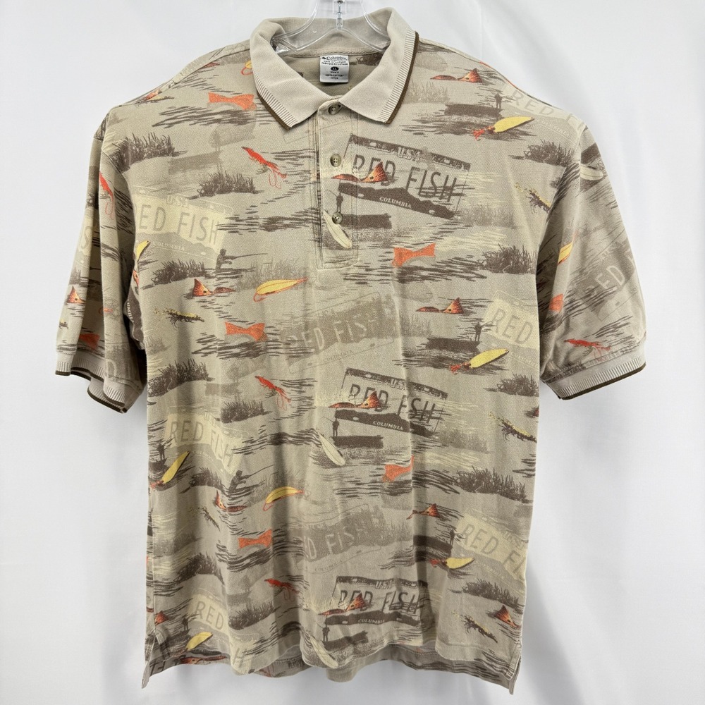 Columbia Polo Shirt Mens XL Tan Cotton Red Fish Lure Print All over Short Sleeve